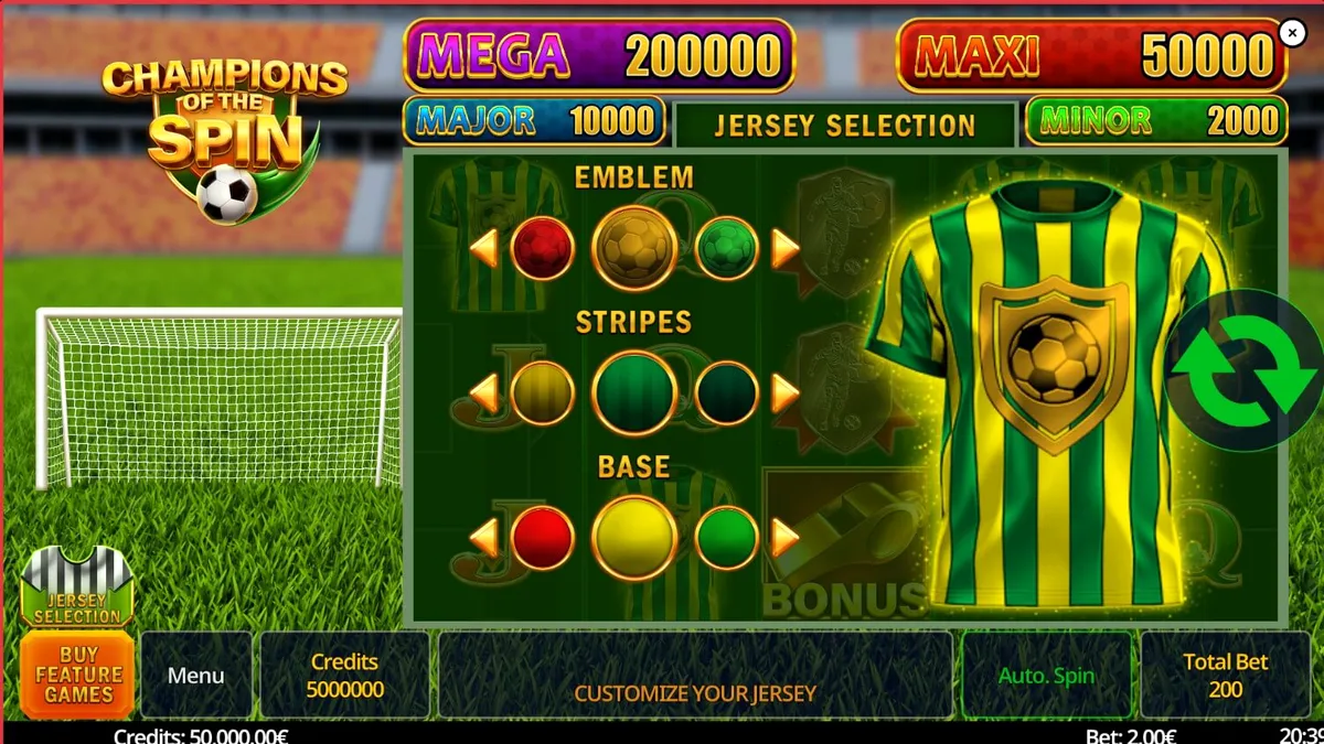 Interface do jogo Champion of The Spin com tema de estádio de futebol