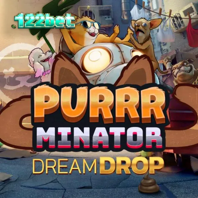 O herói felino robótico do jogo Purrrminator Dream Drop em um cenário urbano futurista com luzes neon.